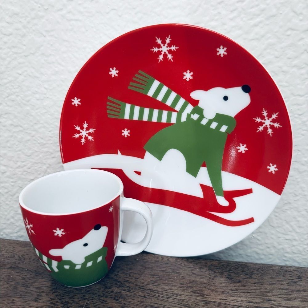 Crate & Barrel Polar Bear Sled Winter Christmas Holiday Ceramic Plate Mug Cup